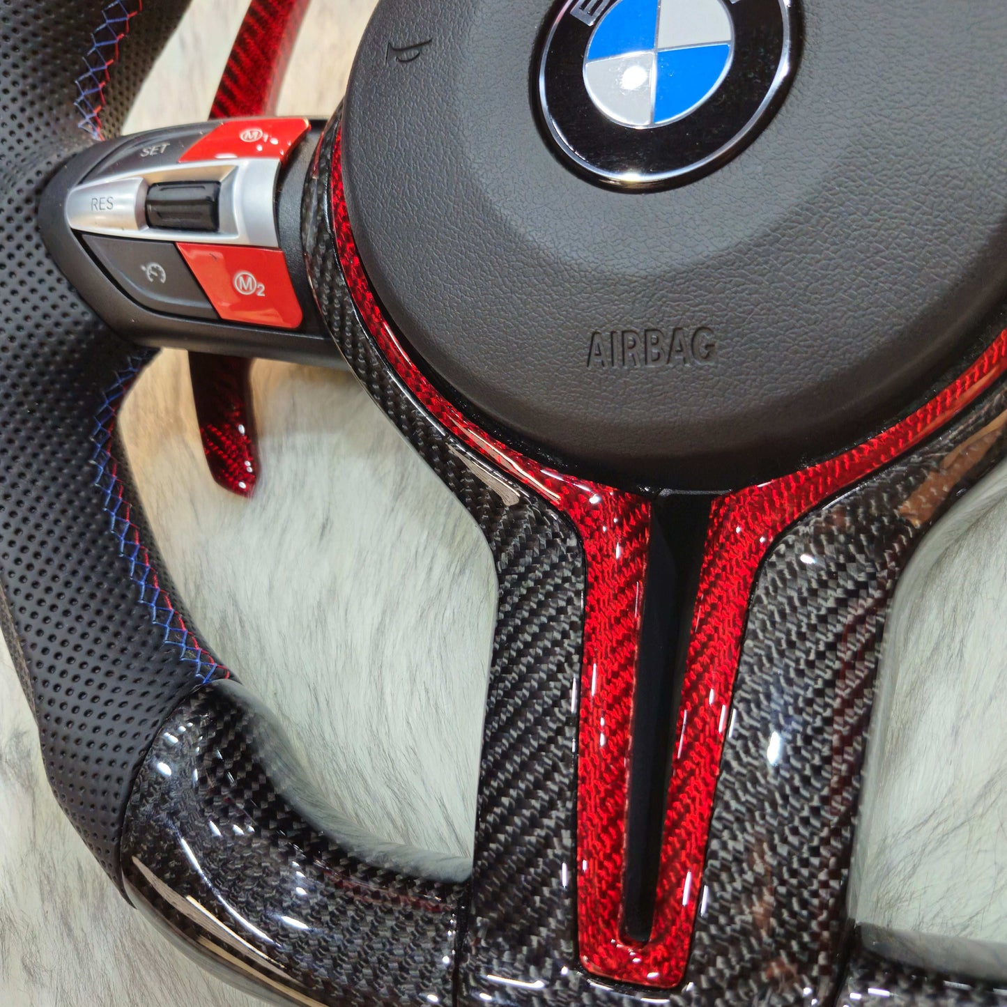 Carbon Fiber with Red Trim,Red Carbon Paddle Shifters Steering Wheel For BMW F