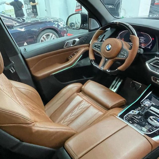 Customized Orange Leather Carbon Fiber Steering Wheel For BMW G Series and M5 in car view