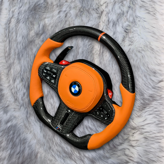 Orange Leather Orange Airbag Cover Carbon Fiber Steering Wheel For BMW F90 G05 G20 G30 G80 G82 G Series Fit Customized upgrade Steering Wheel