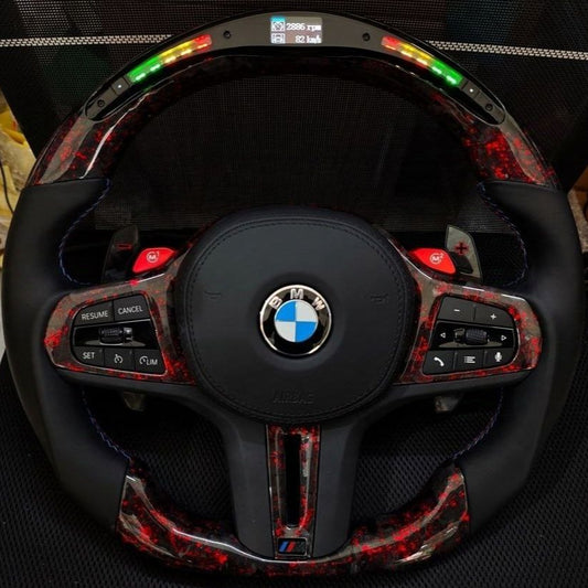 Red Forged Custom Steering Wheel for BMW M3 M4 M5 G30 F90 and G Series Carbon Fiber with Led