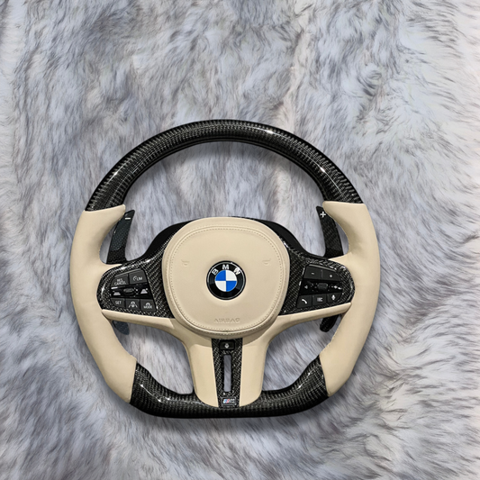 White Leather White Airbag Cover Carbon Fiber Steering Wheel For BMW F90 G05 G20 G30 G80 G82 G Series Fit Customized upgrade Steering Wheel