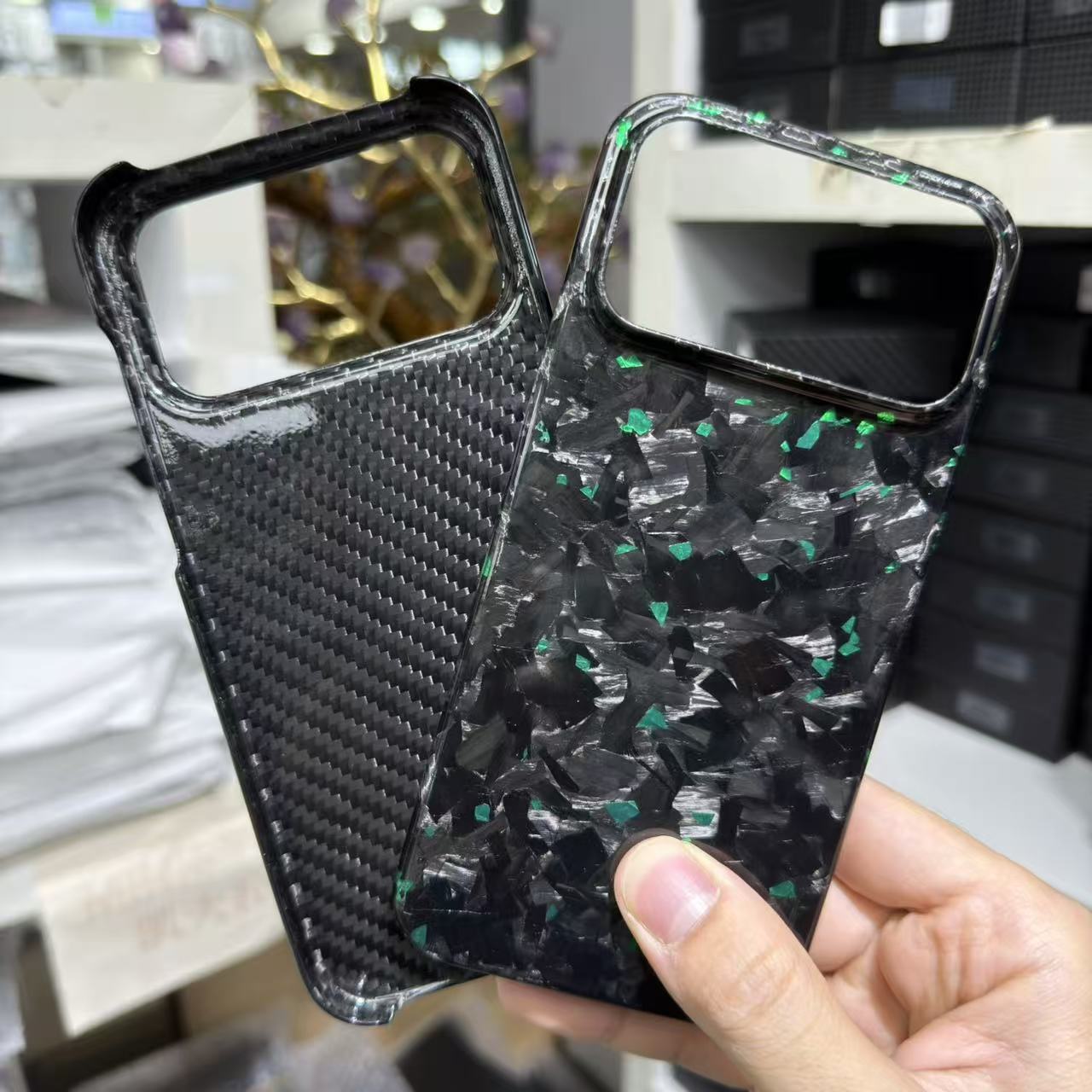 Forged Carbon Fiber iPhone Case – Luxury Green Flake Design | Shockproof & Slim Fit